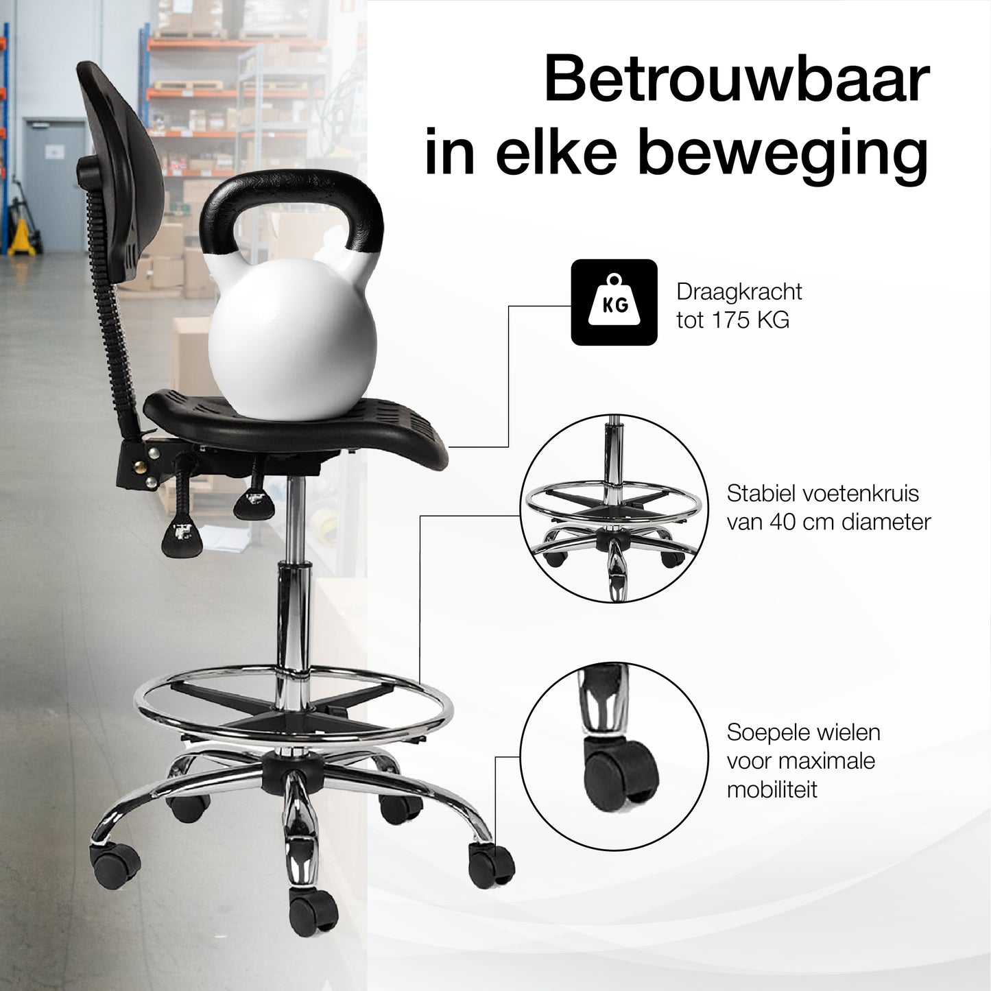 Werkplaatsstoel Zwart - Standaard Zithoogte met Voetsteun