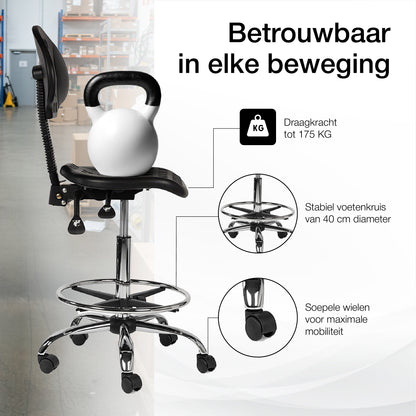Werkplaatsstoel Zwart - Standaard Zithoogte met Voetsteun
