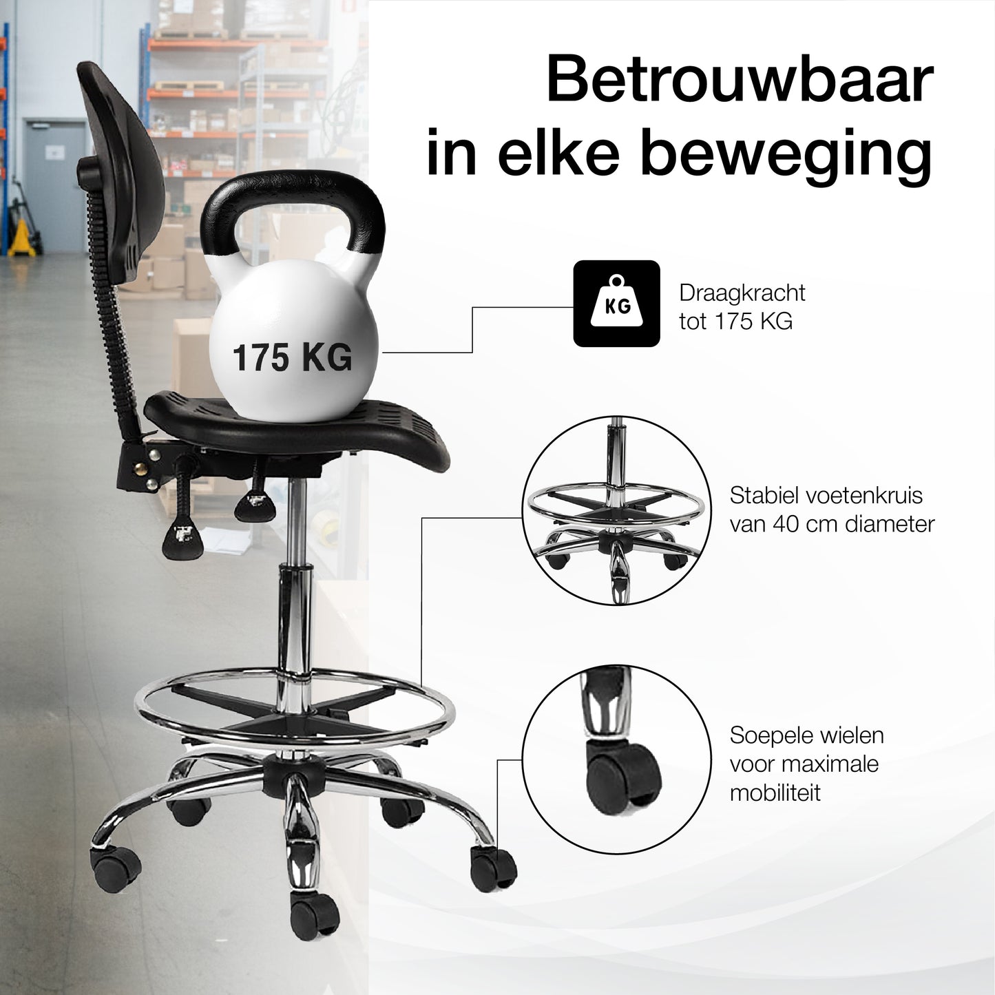 Ergonomische Werkplaatsstoel Zwart Op Wielen