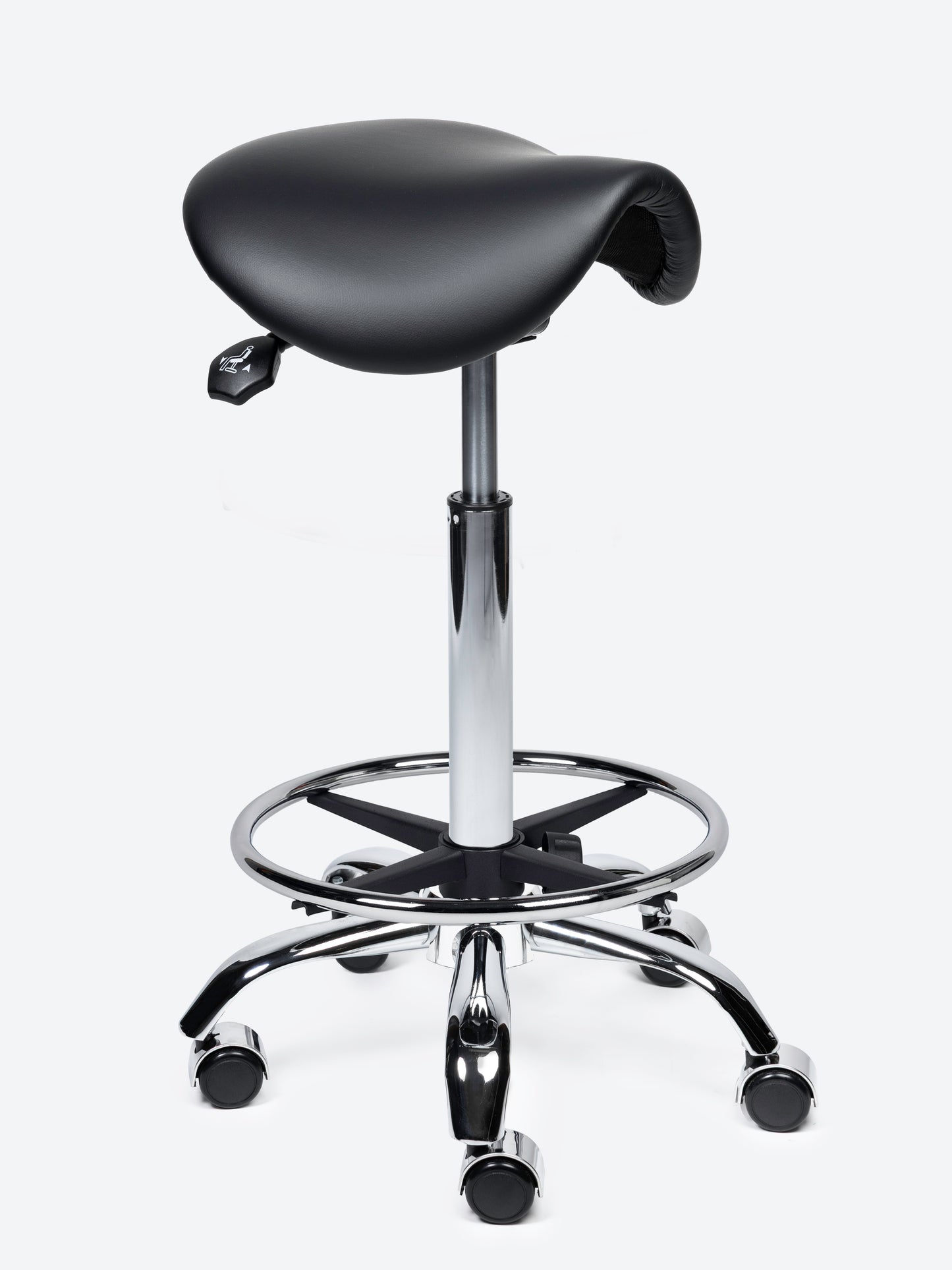 Ergonomische kantelbare Zadelkruk Zwart op wielen