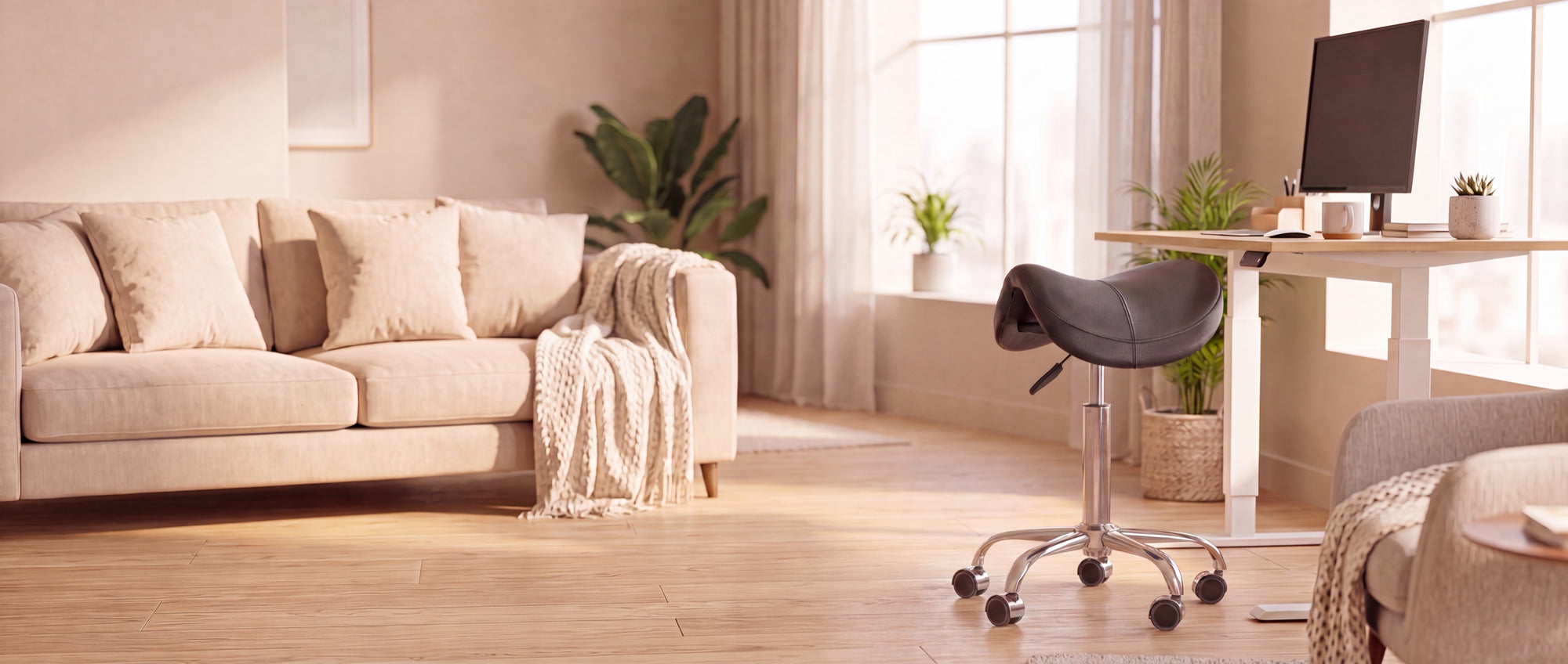 Ergonomische zadelkruk in lichte woonkamer